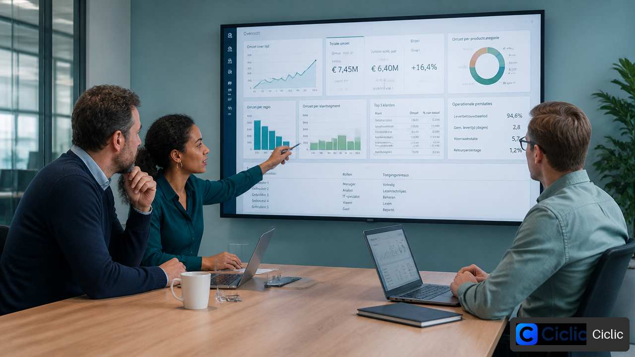 Team van een middelgrote organisatie bespreekt een Power BI-dashboard tijdens een implementatiesessie.