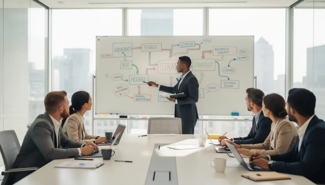 Een groep professionals staat rondom een whiteboard met strategische diagrammen, terwijl ze in een heldere vergaderruimte discussiëren over informatiemanagement en de impact van digitale transformatie op hun organisaties. Deze bijeenkomst benadrukt het belang van samenwerking en het delen van actuele kennis voor effectieve implementatie van informatiebeleid op strategisch niveau.