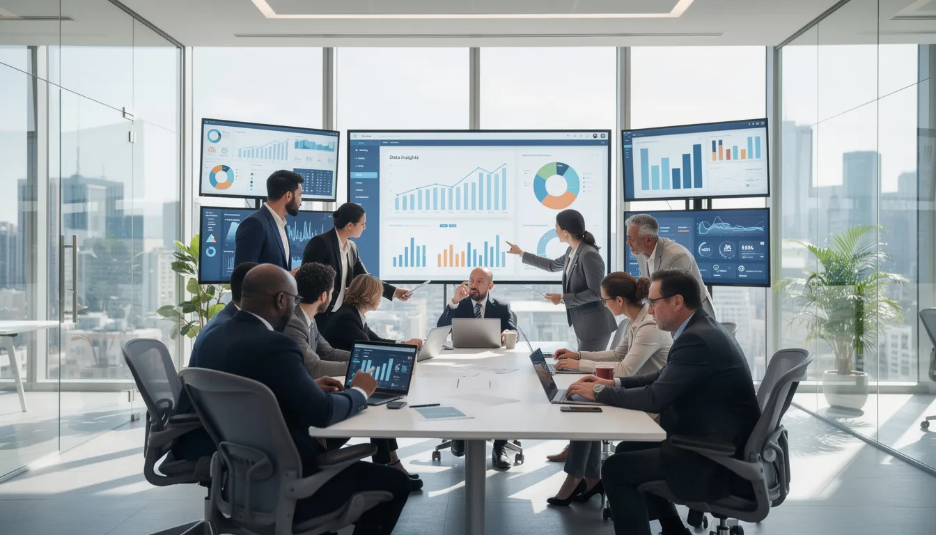 Een groep diverse professionals werkt samen in een moderne kantooromgeving, omringd door digitale schermen die datadashboards tonen. Deze samenwerking op strategisch niveau weerspiegelt de digitale transformatie en de waardevolle training in informatiemanagement, gericht op het creëren van datagedreven organisaties.