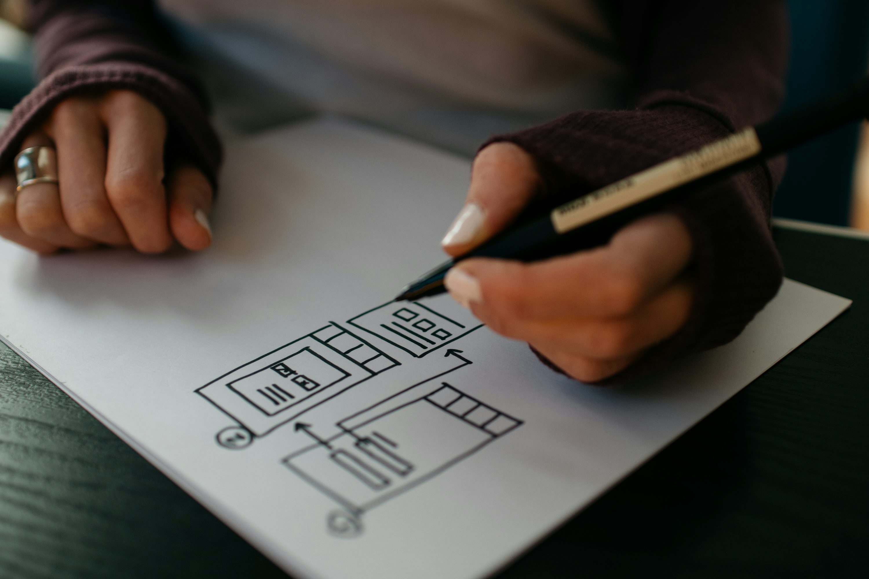 X-wireframe schets op papier